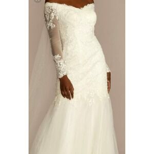 Long Sleeve Off-the-Shoulder Trumpet‎ Wedding Dress from David's Bridal Size 14